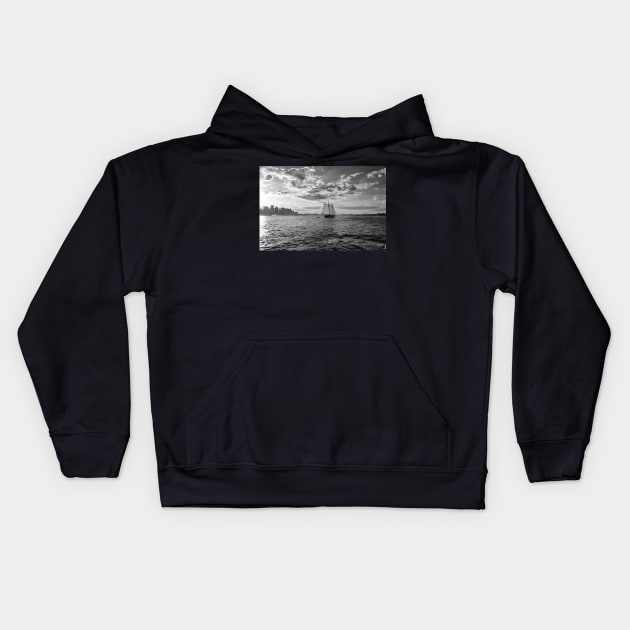 Boston Harbor Sailboat Boston MA Black and White Kids Hoodie by WayneOxfordPh